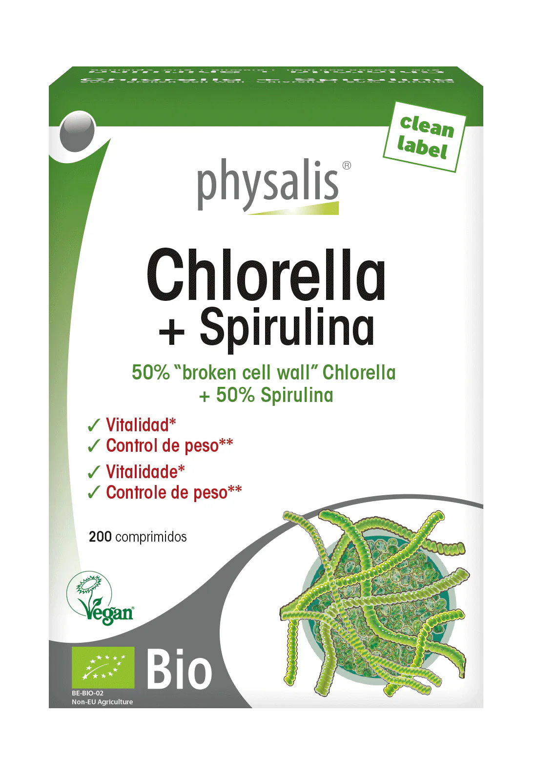 Chlorella + Spirulina · Physalis · 200 comprimidos
