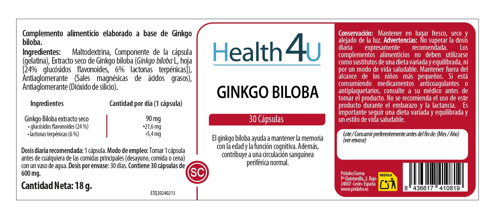 Ginkgo Biloba · Health4U · 30 cápsulas - Image 2