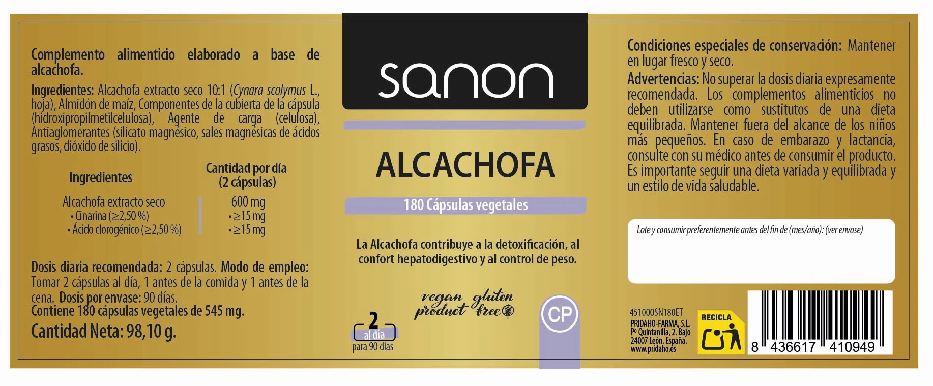 Alcachofa · Sanon · 180 cápsulas - Image 2
