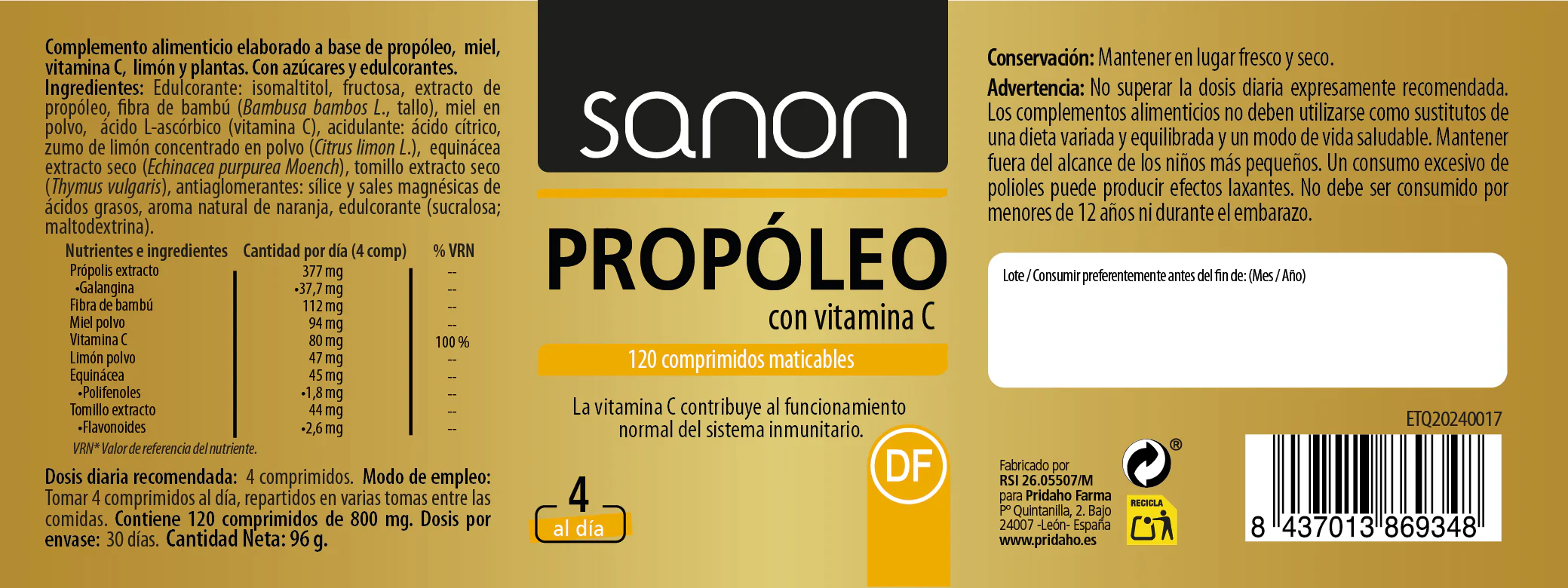Propóleos con Vitamina C · Sanon · 120 comprimidos masticables - Image 2