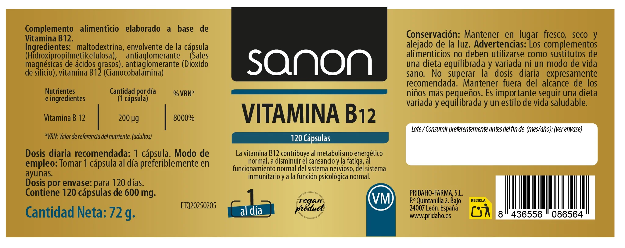 Vitamina B12 · Sanon · 120 cápsulas - Image 2