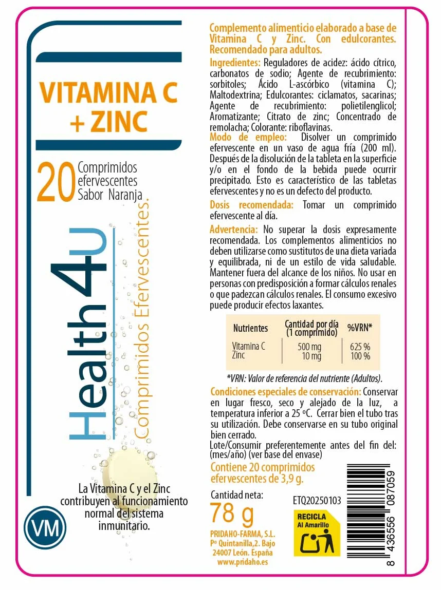 Vitamina C + Zinc · Health4U · 20 comprimidos efervescentes - Image 2