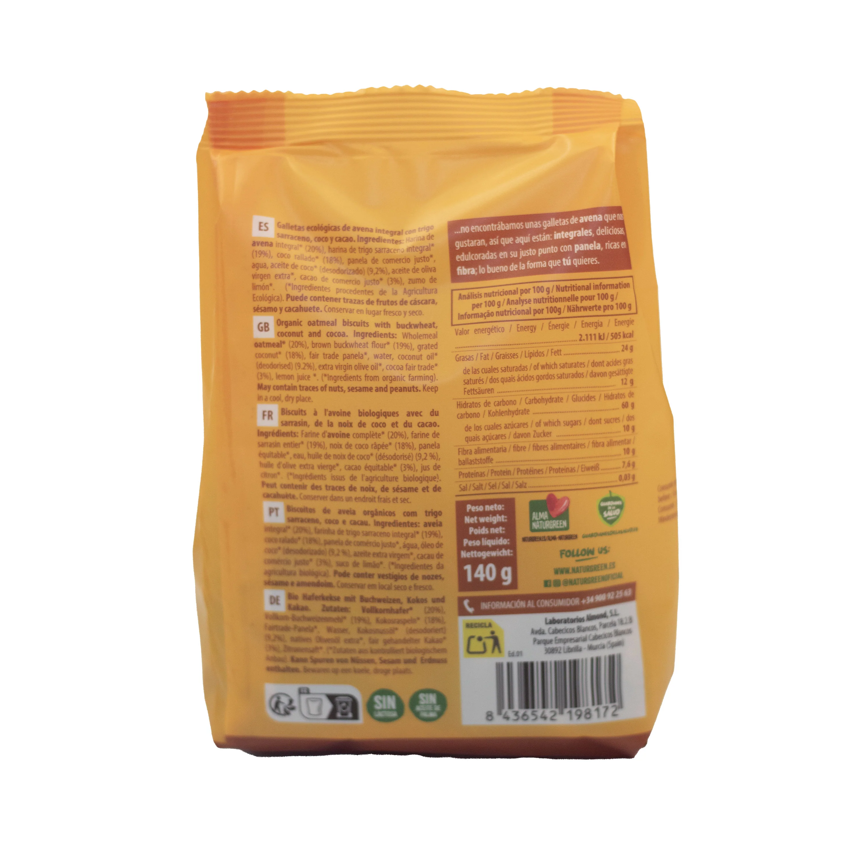 Galletas de Avena Integral con Trigo Sarraceno, Coco y Cacao Bio · Naturgreen · 140 gramos - Image 2