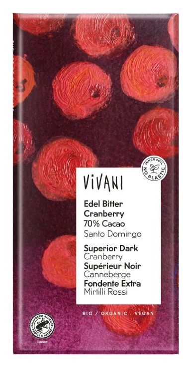 Chocolate Negro Superior 70% Cacao con Arándanos · Vivani · 80 gramos