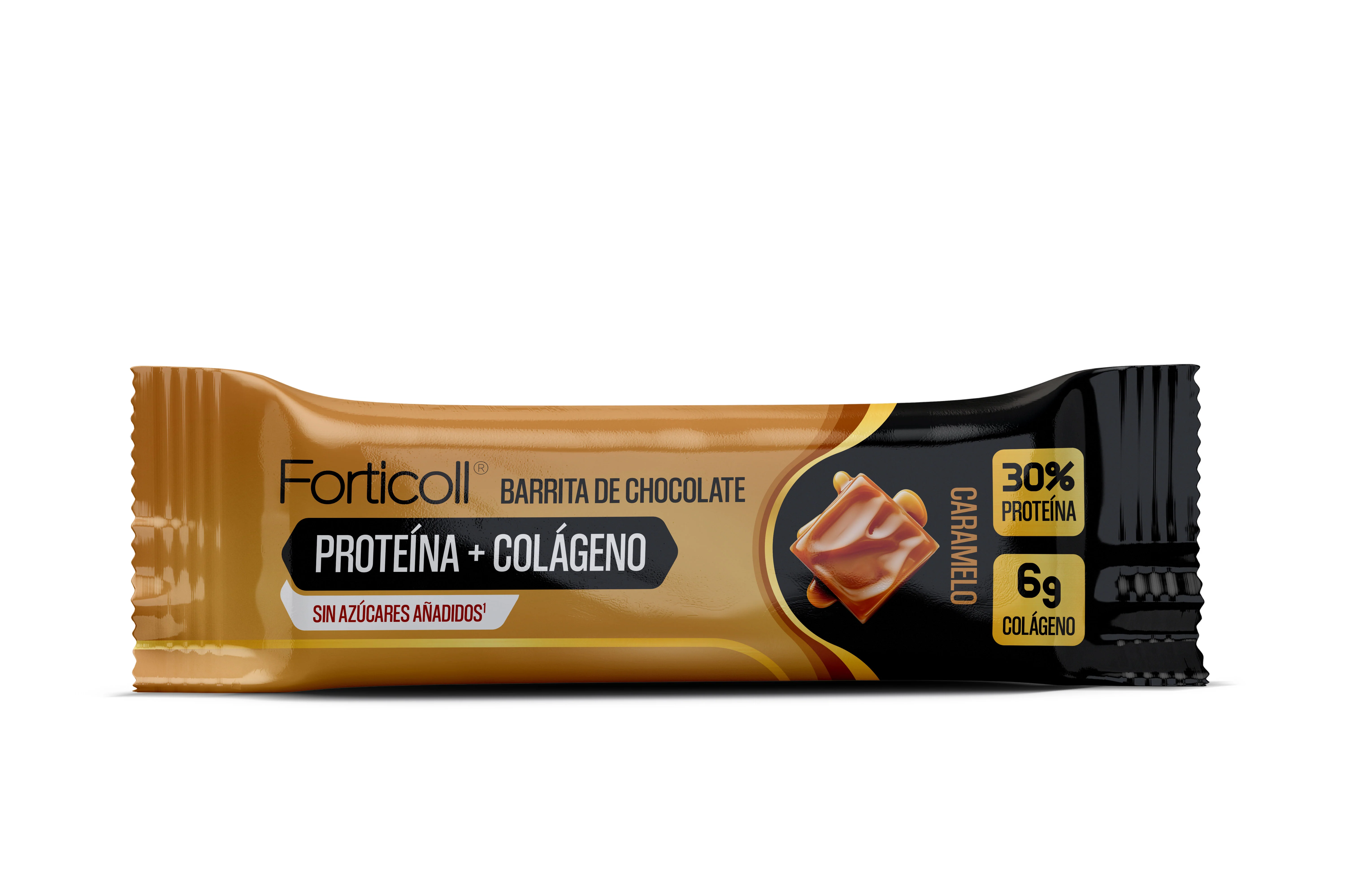 Barrita de Chocolate de Proteína + Colágeno Caramelo · Forticoll · 50 gramos