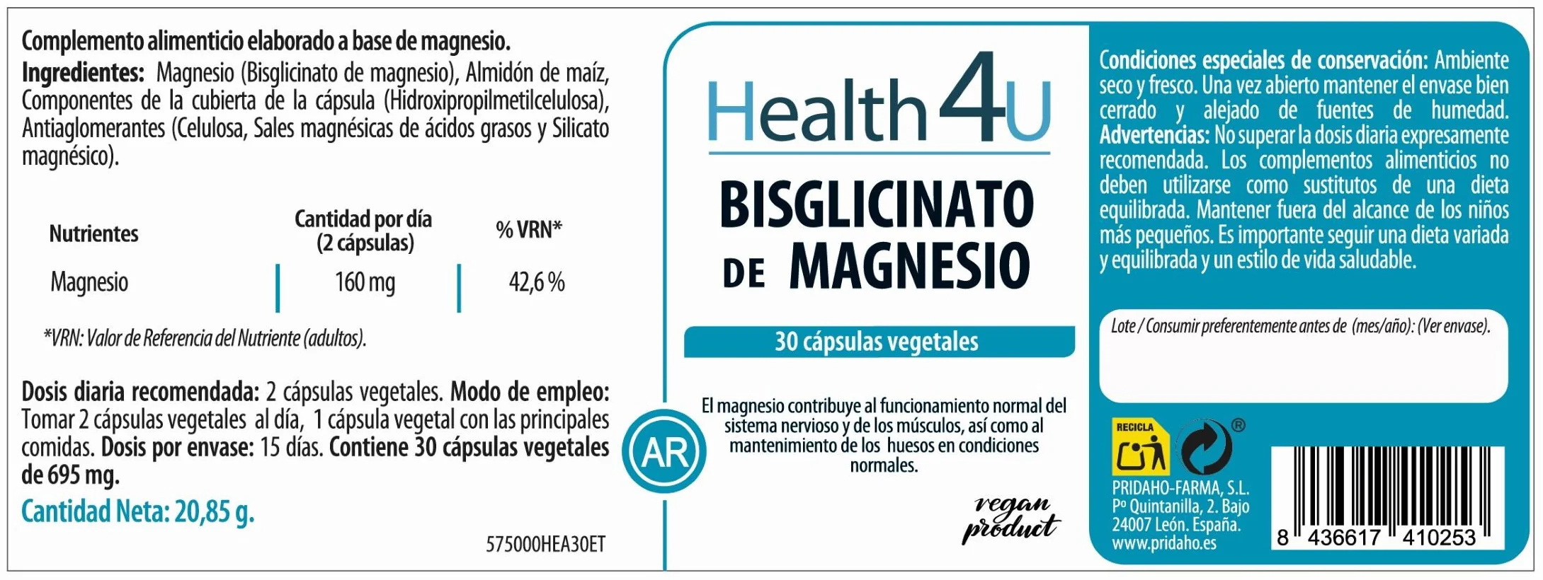 Bisglicinato de Magnesio · Health4U · 30 cápsulas - Image 2