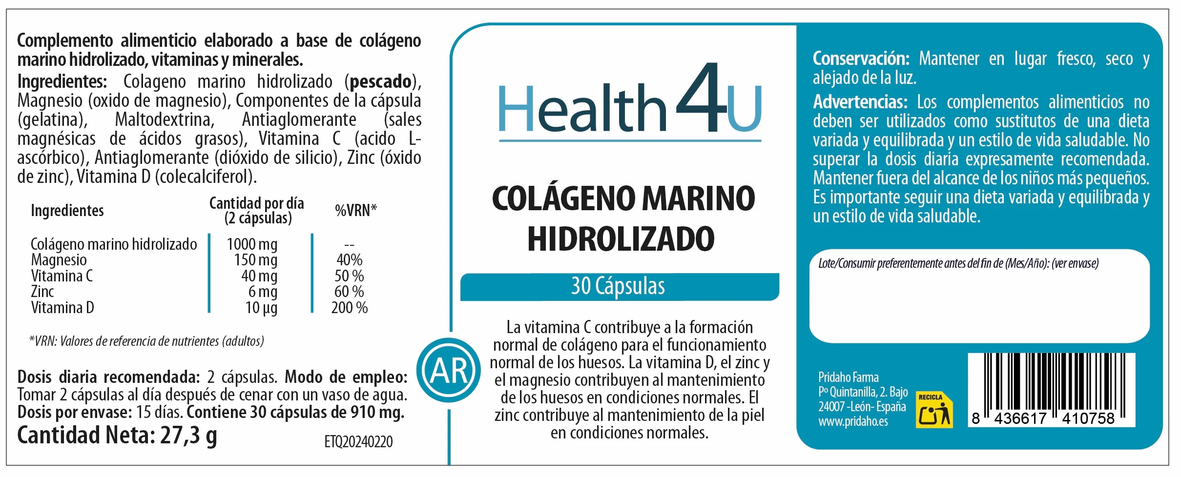 Colágeno Marino Hidrolizado · Health4U · 30 cápsulas - Image 2