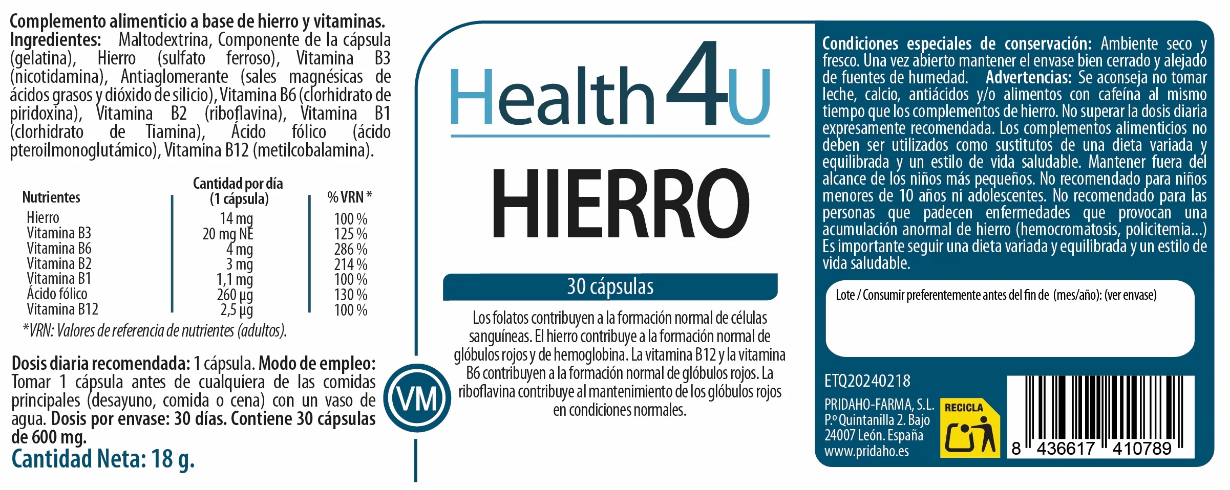 Hierro · Health4U · 30 cápsulas - Image 2