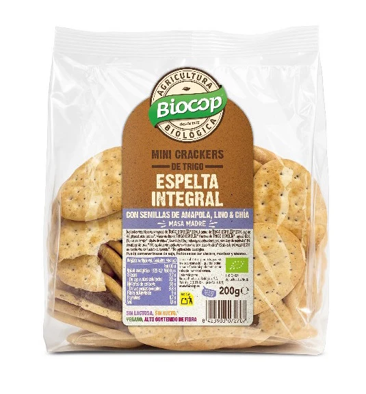 Mini Crackers de Trigo Espelta Integral con Semillas · Biocop · 200 gramos