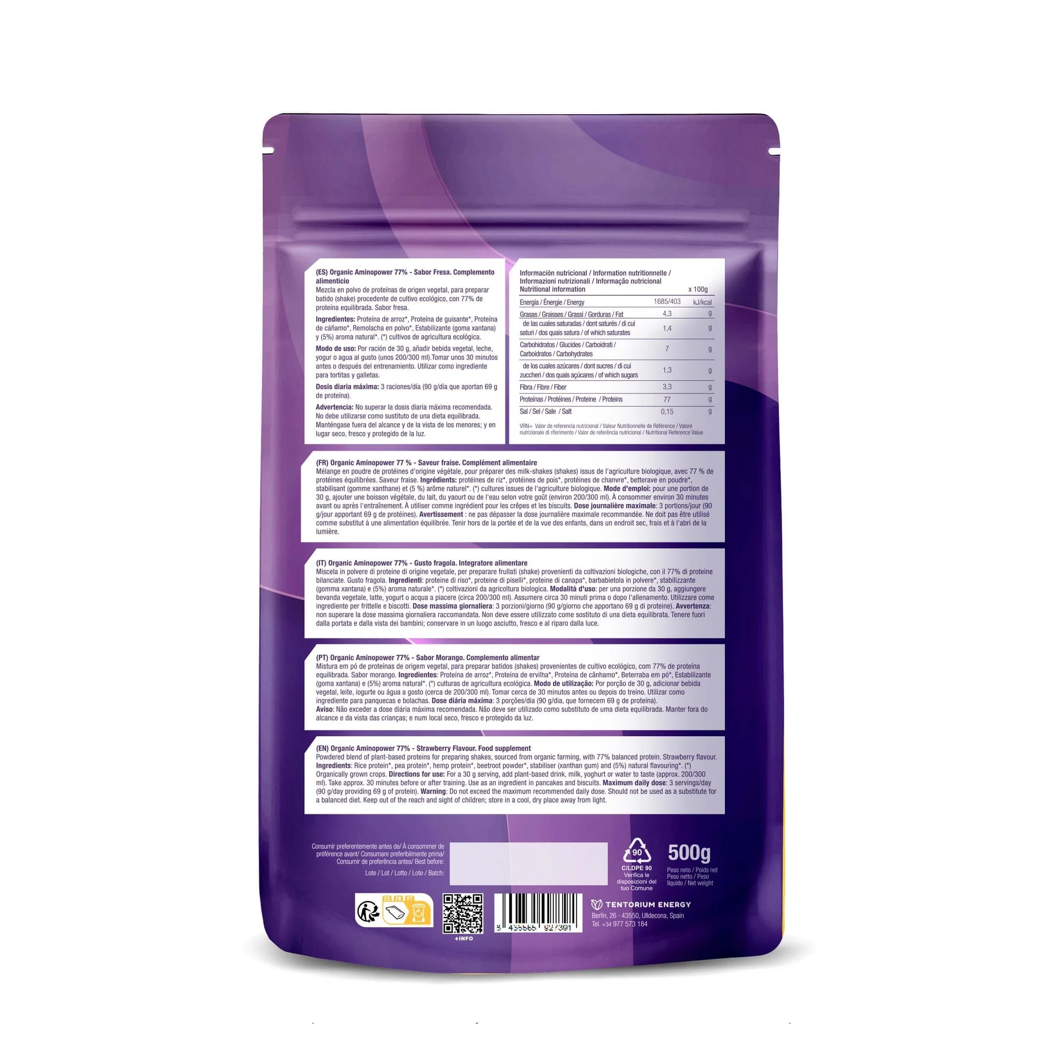 Organic AminoPower Eco 77% Fresa · Energy Feelings · 500 gramos - Image 2