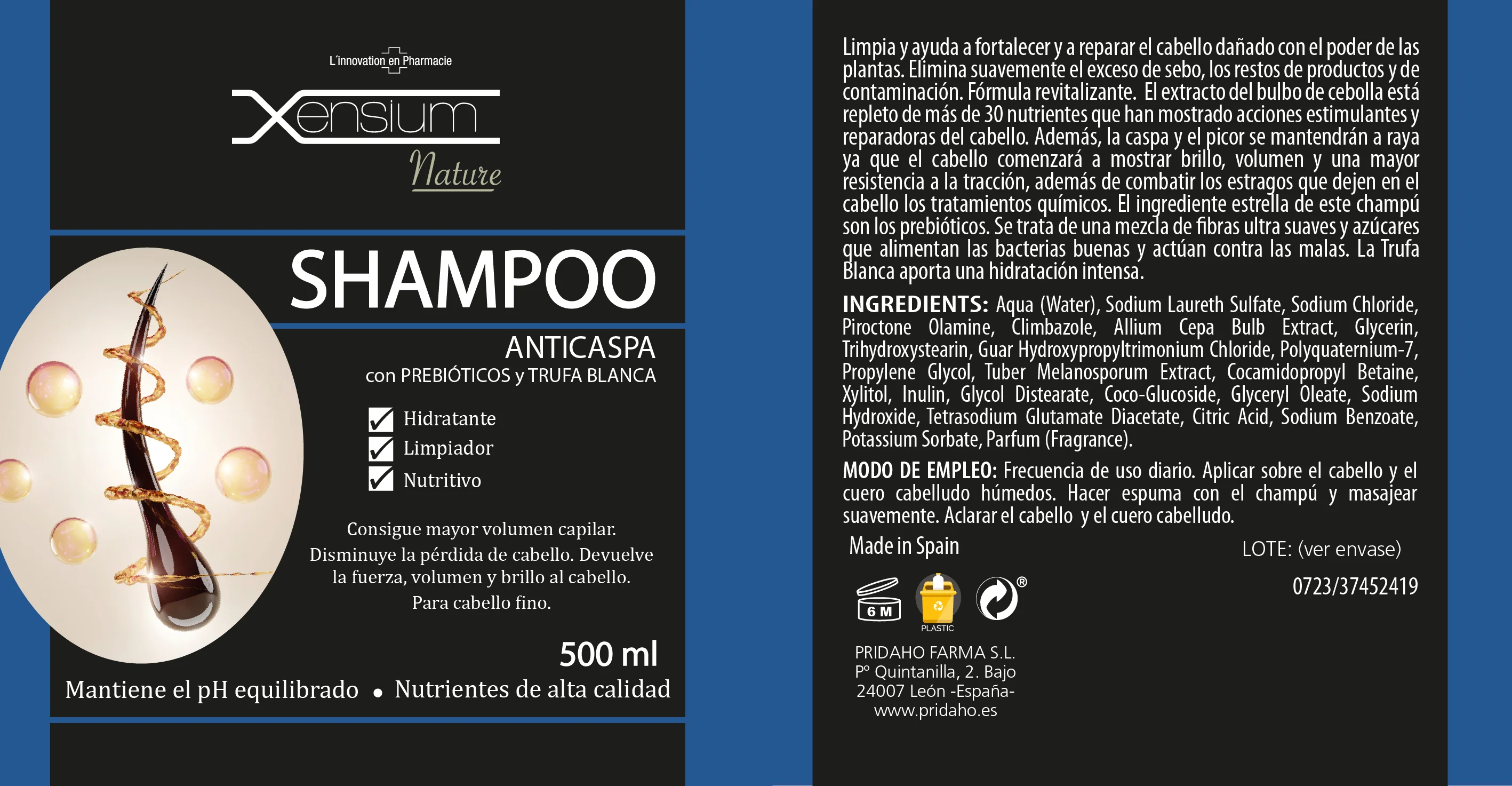 Shampoo Anticaspa con Prebióticos y Trufa · Xensium · 500 ml - Image 2