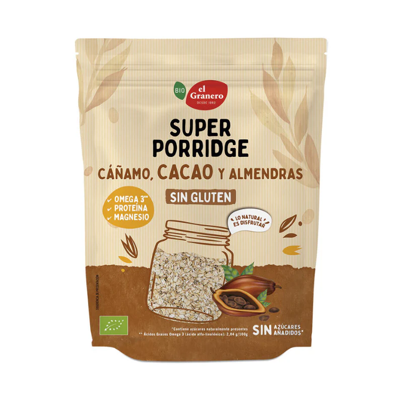 SuperPorridge de Cáñamo, Cacao y Almendras · El Granero Integral · 350 gramos