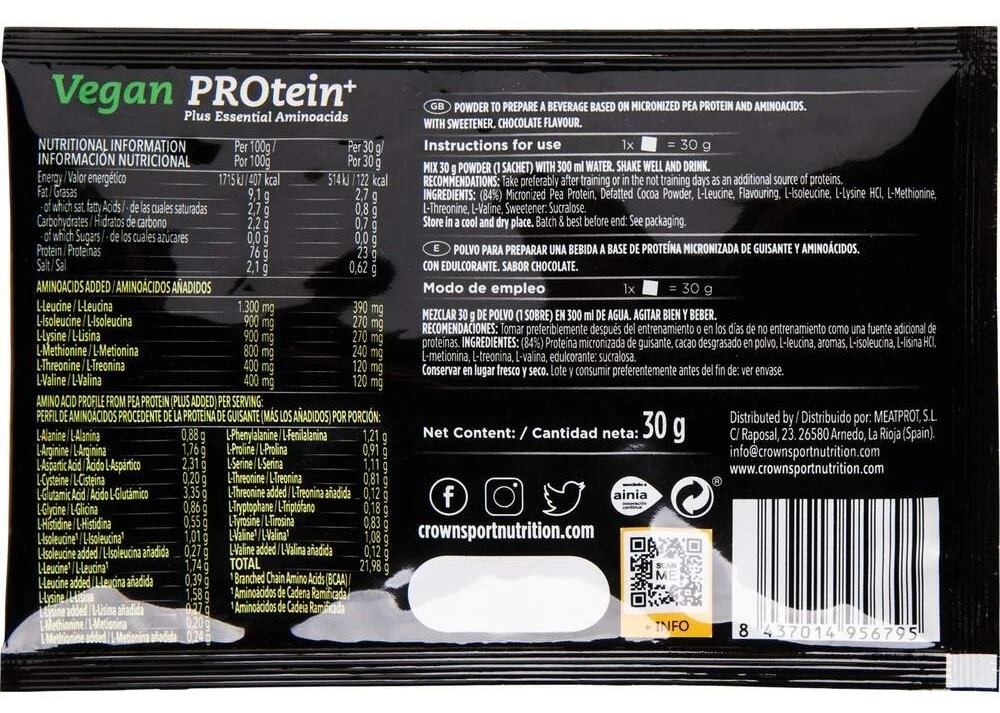 Vegan PROtein+ Chocolate · Crown Sport Nutrition · 30 gramos - Image 2