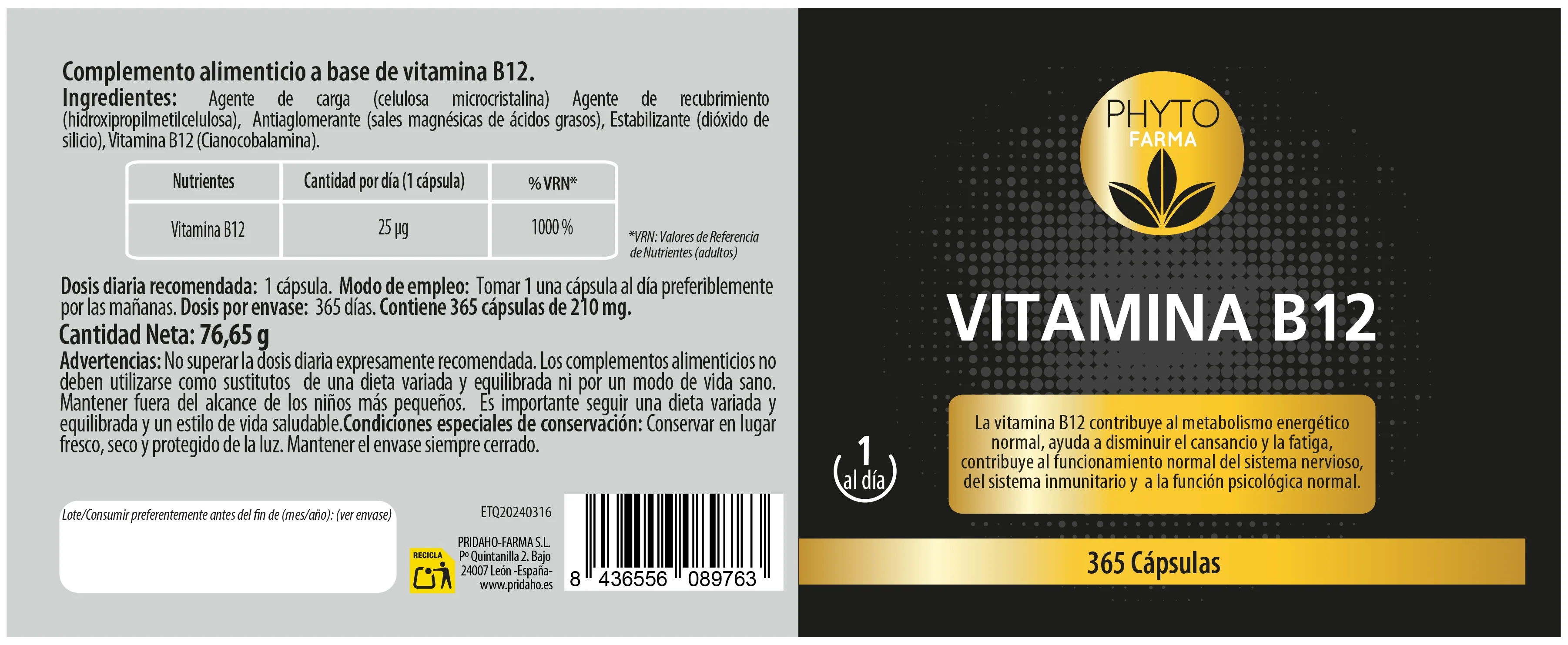 Vitamina B12 · Phytofarma · 365 cápsulas - Image 2